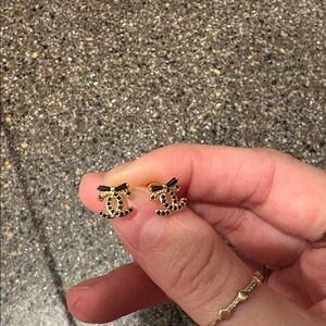 CC Boutique Gold and Black Interlocking Logo Bow Stud Earrings
